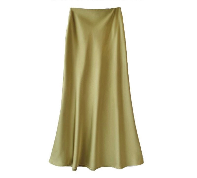 Jupe mi longue satin olive