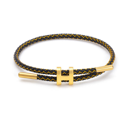 Bracelet inspi hermès noir et fil d’or en acier inoxydable